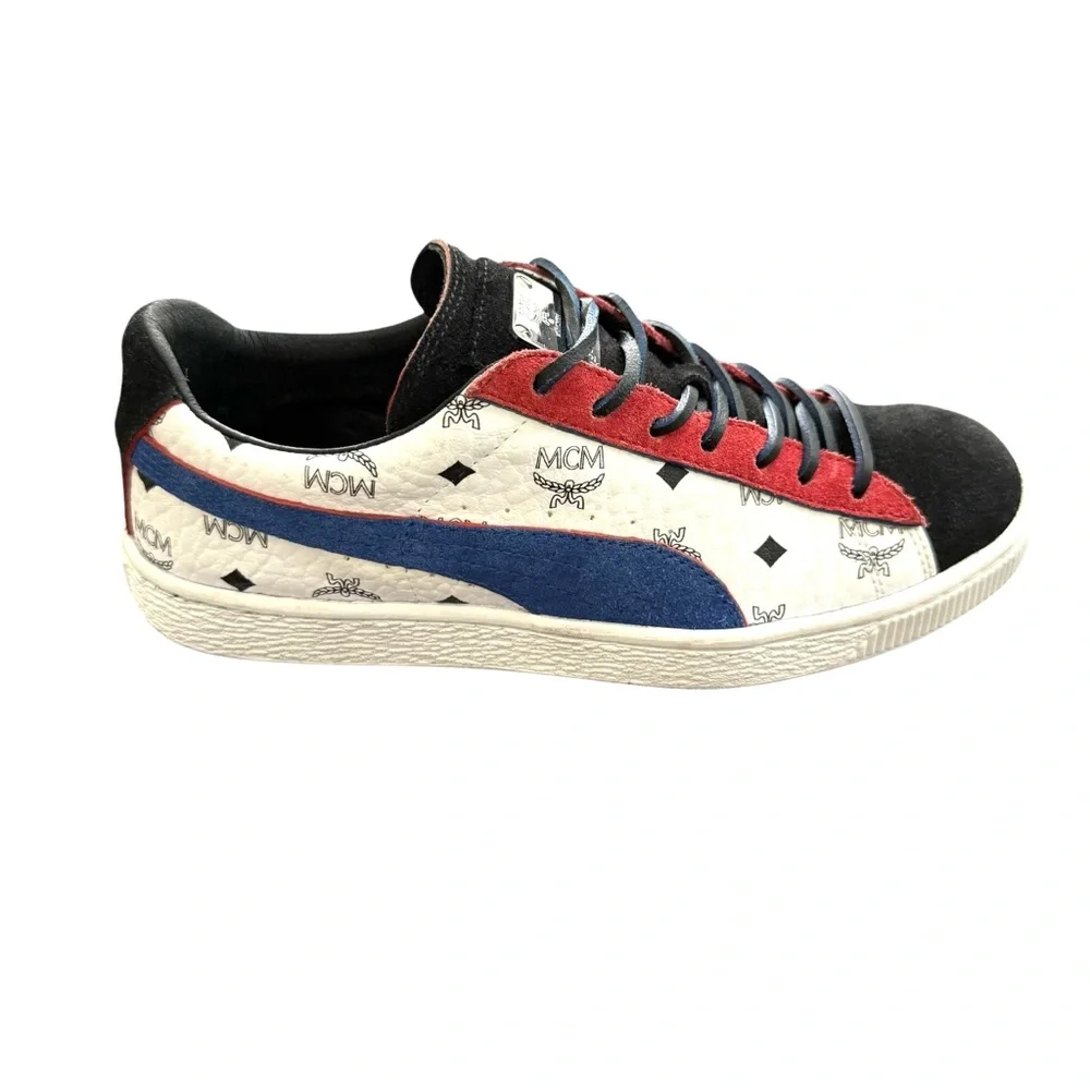 MCM Black Red Blue Logo-Print Leather Sneakers